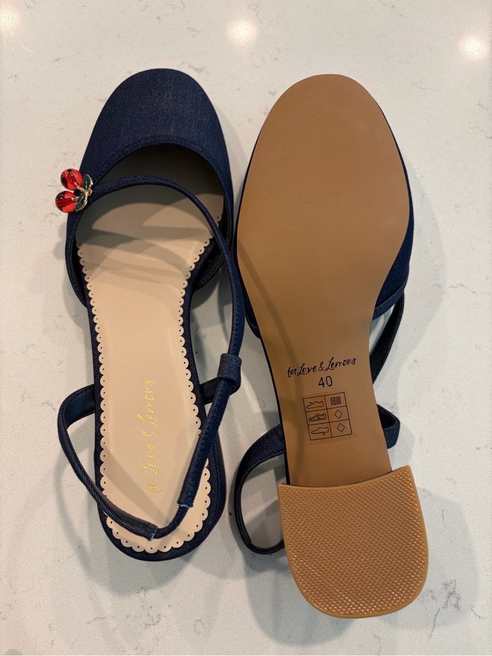 For Love & Lemons Navy Slingback Flats with Red Cherry Accent - Picture 10 of 10